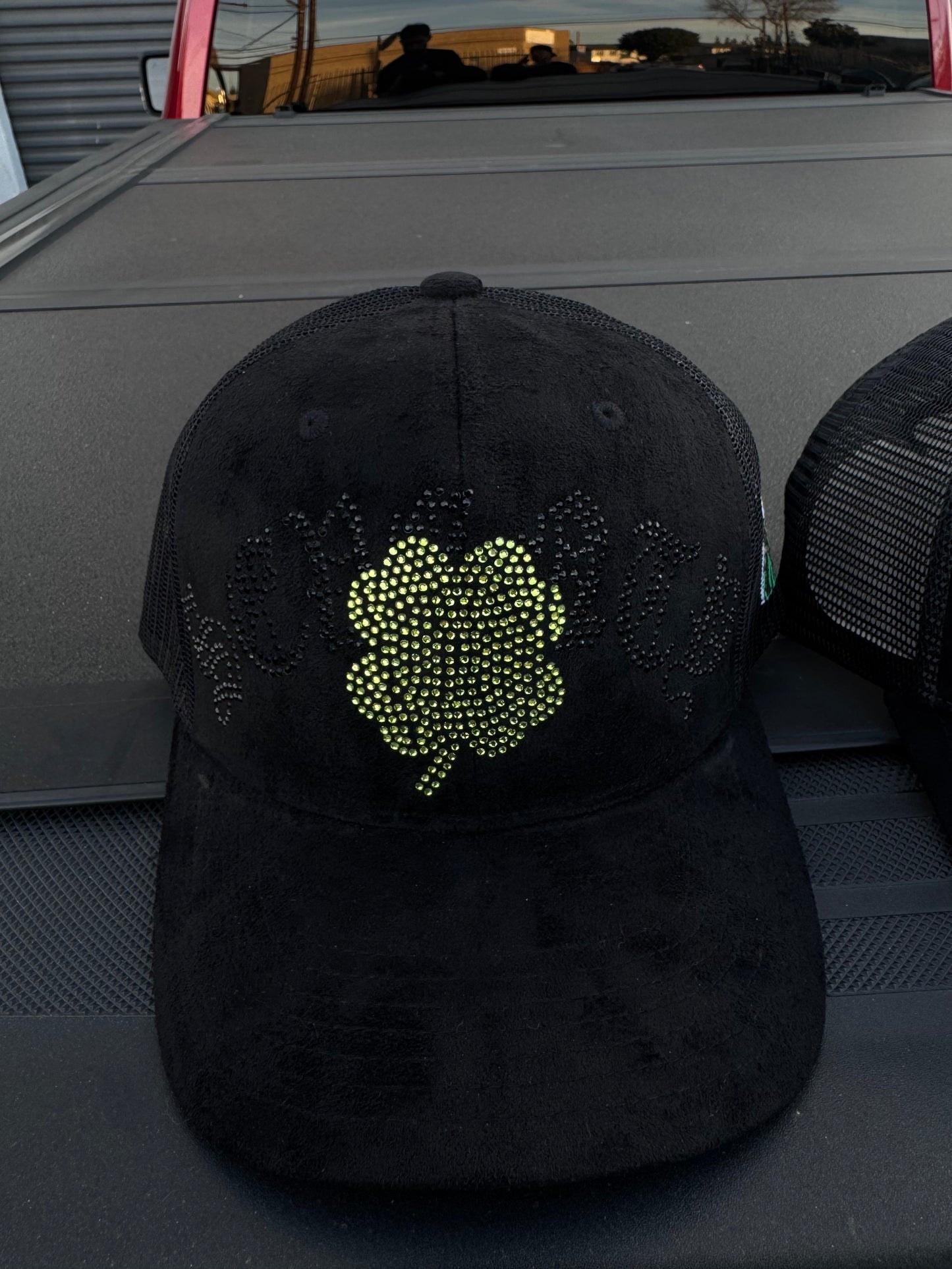 CLOVER Rhinestone Black Cap with Embellished Design and Adjustable Fit