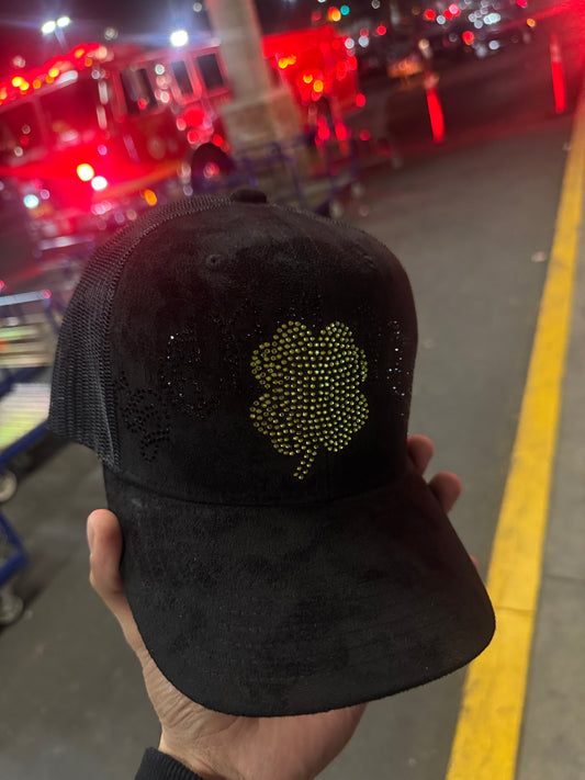 CLOVER Rhinestone Black Cap with Embellished Design and Adjustable Fit